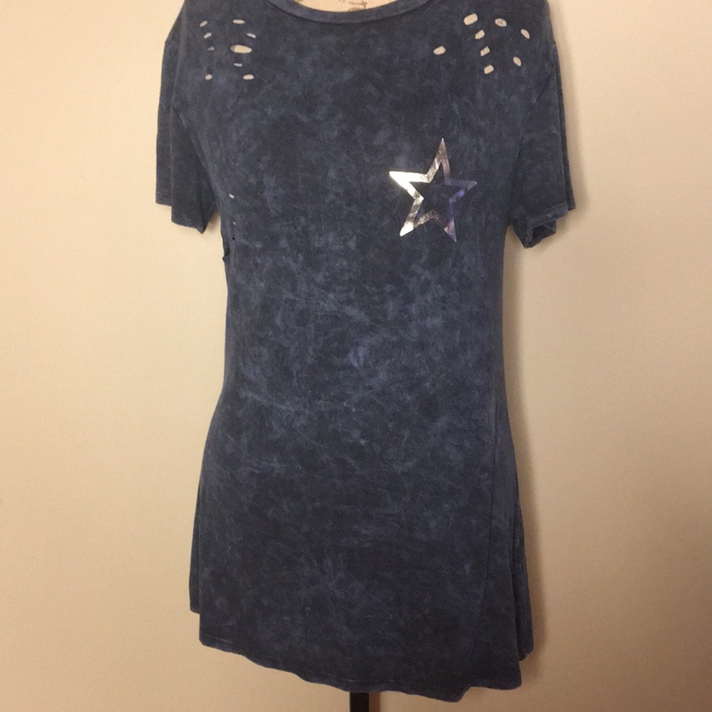 Blue tie dye loose fit t-shirt decorative holes S